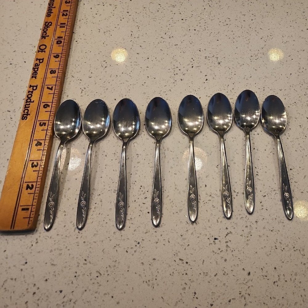 8 Sears Tradition GENTLE ROSE 6" OVAL PLACE Tea sugar SPOONS MADE USA